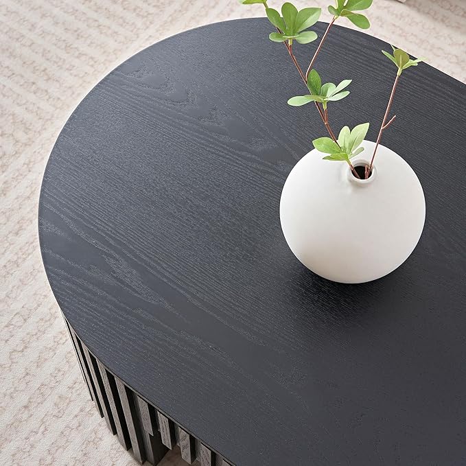 51.18'' Oval Coffee Table for Living Room Fluted Center Table with Drawer, Mid Century Modern Coffee Tables, Easy Assembly for Office Storage Tea Table Black
