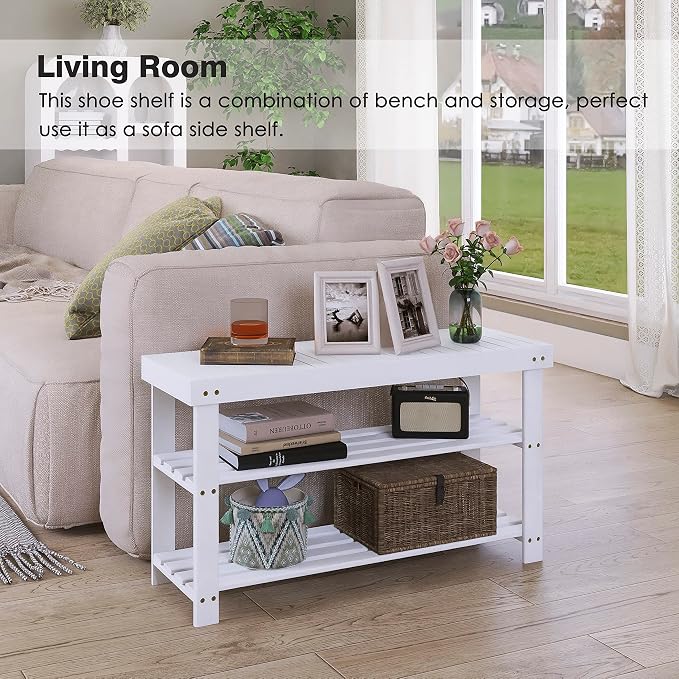 SMIBUY Bamboo Shoe Rack Bench, 3-Tier Shoe Organizer Storage Shelf for Entryway Hallway Bathroom Living Room (White) - Image 5