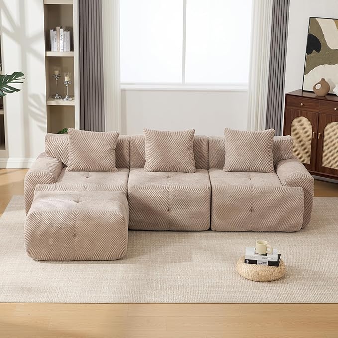 104" L-Shaped Compressed Sectional Cloud Sofa, Flannel Upholstered Modular Tufted Sofa with 4 Pieces, Modern Floor Boneless Foam Modular Cloud Couches for Living Room