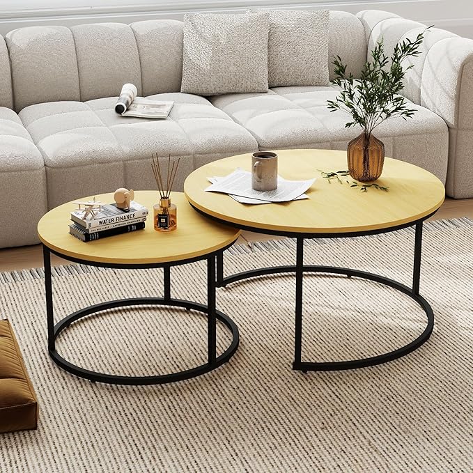 Nesting Tables Set of 2, 31.5" Round Coffee Table, Wood Grain Top Nesting Coffee Table with Adjustable Non-Slip Fee, Small Nesting Tables for Living Room, Bedroom (Wood Grain Light Brown)