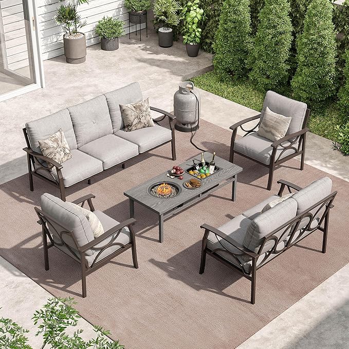 RoyalCraft Outdoor Patio Furniture Set, 5 Piece Patio Conversation Set with Fire Table and Ottomans, Metal Furniture Set for Porch Backyard Garden, Grey