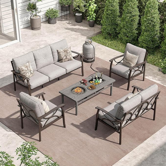 RoyalCraft Outdoor Patio Furniture Set, 5 Piece Patio Conversation Set with Fire Table and Ottomans, Metal Furniture Set for Porch Backyard Garden, Grey