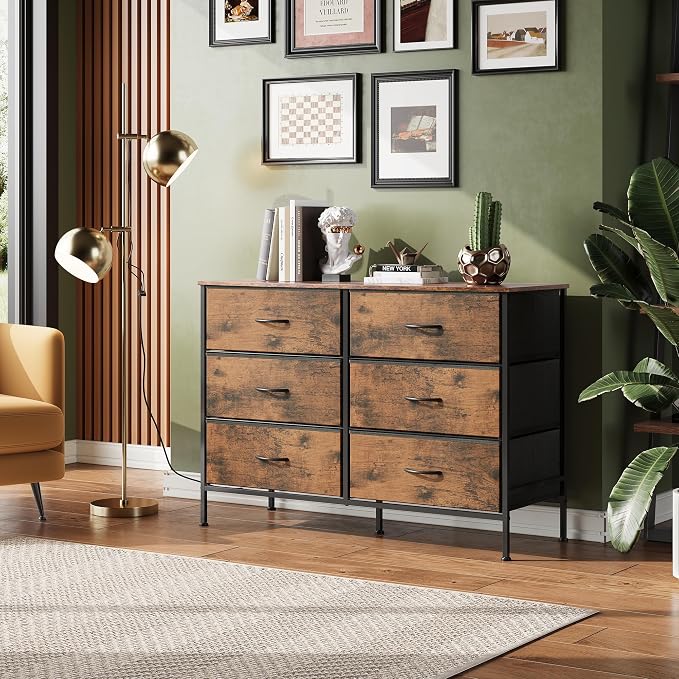 WLIVE Dresser for Bedroom with 6 Drawers, Wide Dresser TV Stand for 50 Inches TV, with Fabric Drawers, Metal Frame, Wooden Top, Storage Dressers for Bedroom, Hallway, Entryway, Rustic Brown - Image 4