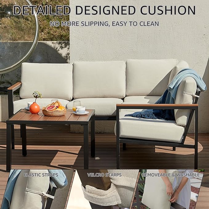 NATURAL EXPRESSIONS 6 Pieces Patio Furniture Set, Outdoor Couch with Thick Olefin Cushions, Fauxwood Armrest and Tabletop, Ergonomic Design Highback, Sectional Outdoor Furniture for Backyard, Deck