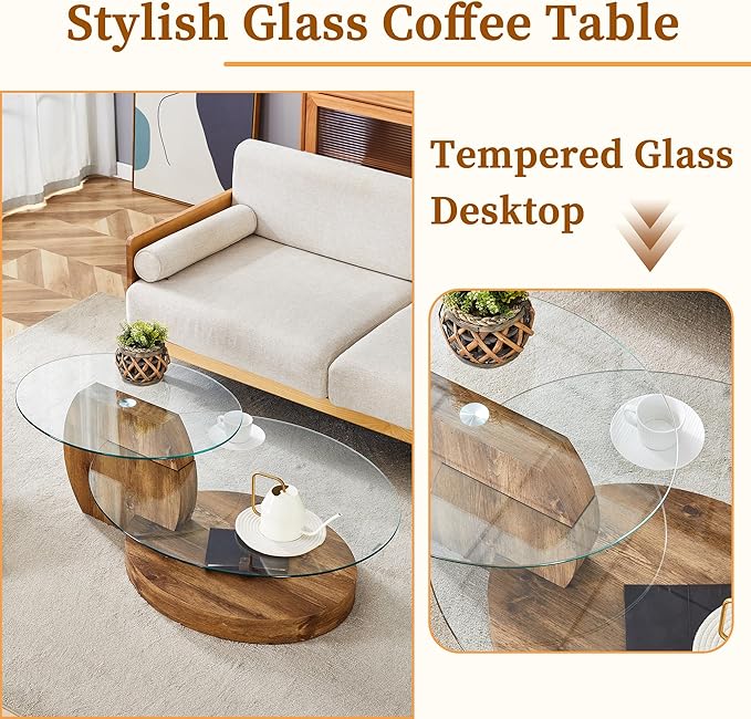 Ebullient Glass Coffee Table, 42" Round Coffee Table, 2-Tier Glass Tabletop with Dark Wood Base, Easy to Maintain and Assemble, Ideal for Dining Room, Living Room