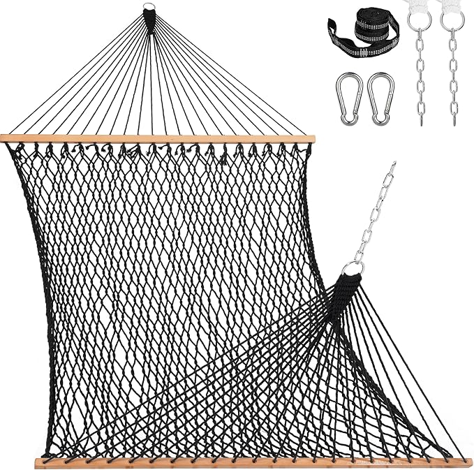 Lazy Daze Hammocks 12FT Double Rope Hammocks, 2 Person Hand Woven Cotton Hammock with Spreader Bar, Carabiner, Tree Strap, Chain for Outside, FIT 13-15 FT Stand, Max 450 Lbs, Black by LazyDazeHammocks