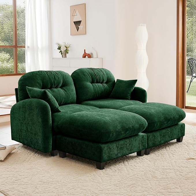KEIKI 74" Oversized Chenille Modular Sectional Loveseat Sofa with 2 Ottoman, High-Density Foam Cushions, Tufted Pleated Cushion Backrest, Modern 2-Seater Couch with 2 Pillow, for Living Room, Green