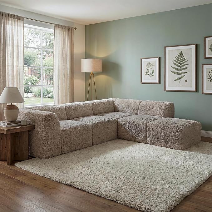 Furniture of America Havyn Modern Faux Fur 5-Seater L-Shaped Modular Foam Sectional Sofa with Ottoman, Compressed Couch in a Box, No Assembly Required, for Living Room and Office, Taupe