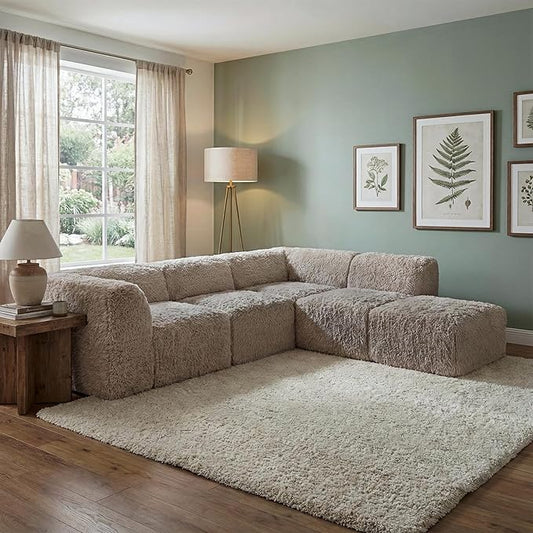 Furniture of America Havyn Modern Faux Fur 5-Seater L-Shaped Modular Foam Sectional Sofa with Ottoman, Compressed Couch in a Box, No Assembly Required, for Living Room and Office, Taupe