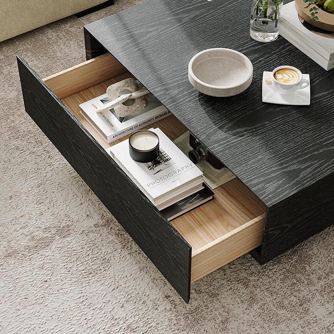 POVISON Modern Square Coffee Table with Drawers, 39.37" Wood Coffee Table for Living Room Home Office, Fully-Assembled Black