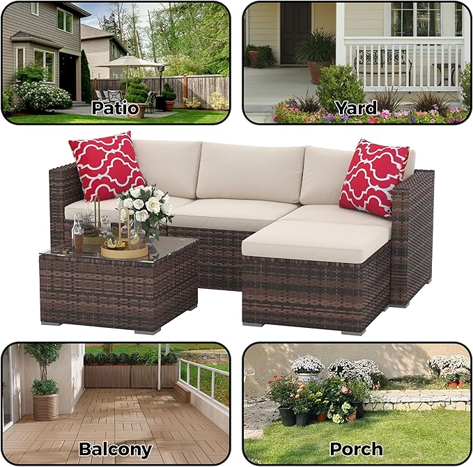 Garvee 5 Pieces Patio Furniture Set, Outdoor Glass Table and Cushions with Rattan Wicker Chairs, Patio Furniture Set for Porch, Balcony, Backyard, Garden, Brown & Beige