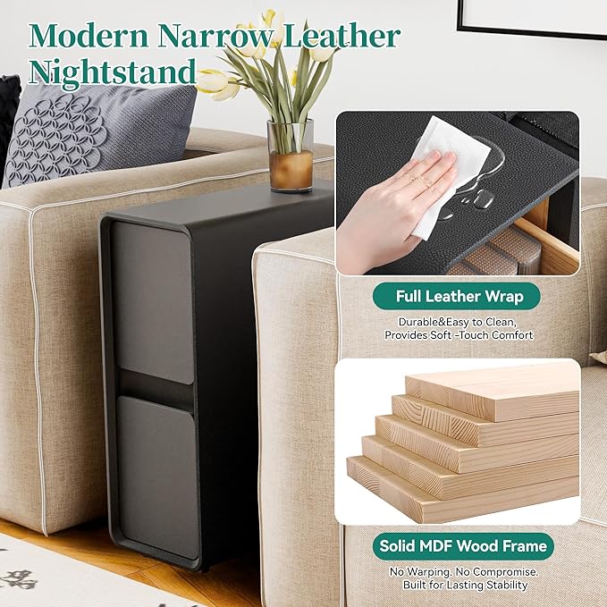 7.8" W Leather Narrow Nightstand Set of 2, Modern Fully-Assembled Bedside Table with 2 Drawers, White Night Stand Small Accent End Table & Side Table for Bedroom, Black - Image 6