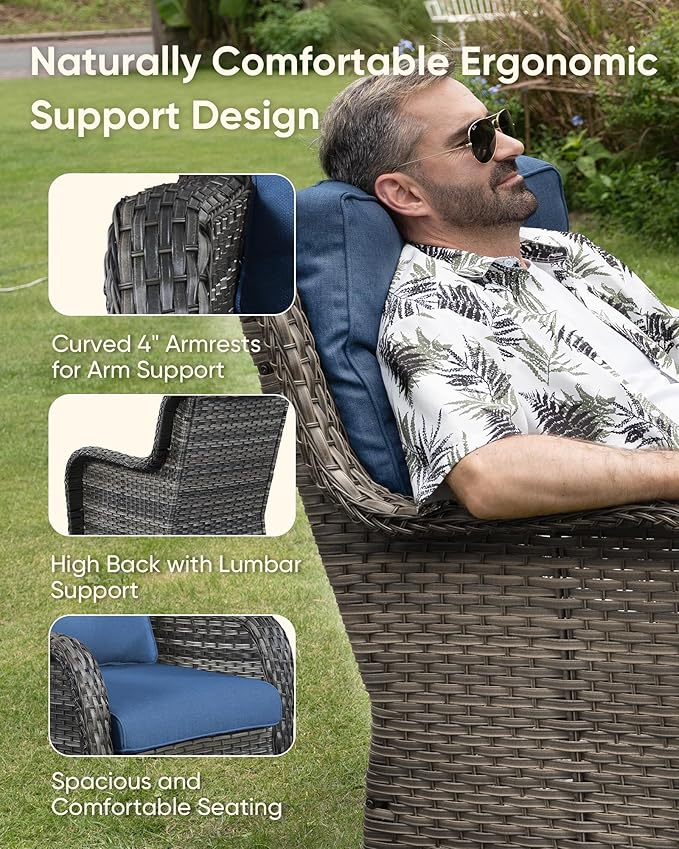 HUMMUH 5 Piece Outdoor Patio Furniture Set Wicker Conversation Bistro Set Swivel Rocking Chairs with Side Table and Ottomans for Backyard, Porch, Balcony