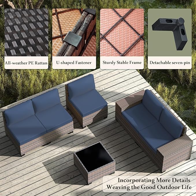 7 PCS Outdoor Patio Furniture Set,Outdoor Sectional Furniture with 43" 55000 BTU Gas Propane Fire Pit Table,All Weather PE Rattan Wicker Patio Conversation Set,Navy Blue
