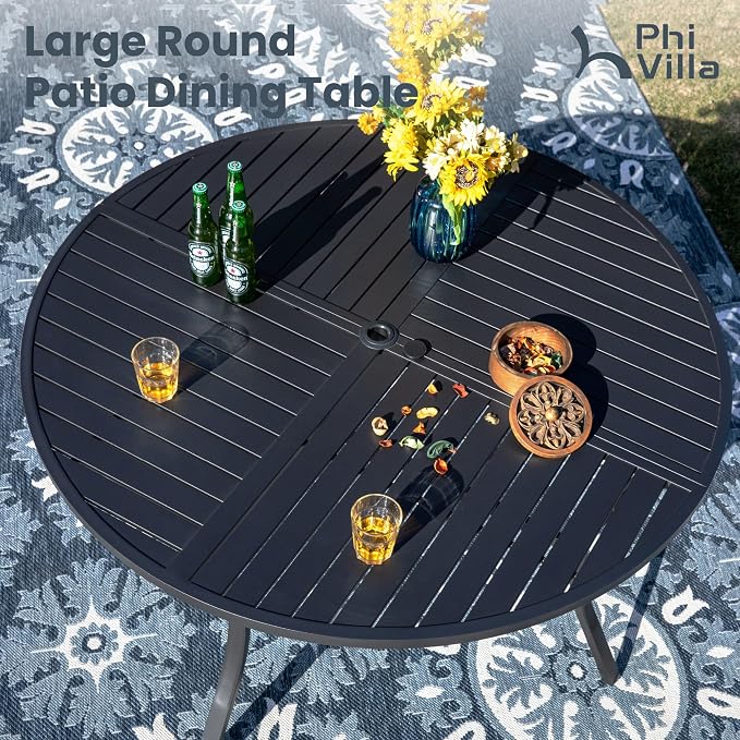PHI VILLA 7 Piece Outdoor Patio Dining Set with 6 Padded High Back Patio Swivel Chairs & 1 Large 54" Round Dining Table, All Weather Patio Table and Chairs for Lawn Deck Garden - Image 2