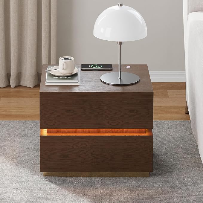 homary Smart Nightstand Set of 2 with Wireless Charging Station, USB & Type-C Ports, LED Light, 2 Drawers – Modern Walnut Bedside Table for Bedroom Storage - Image 8