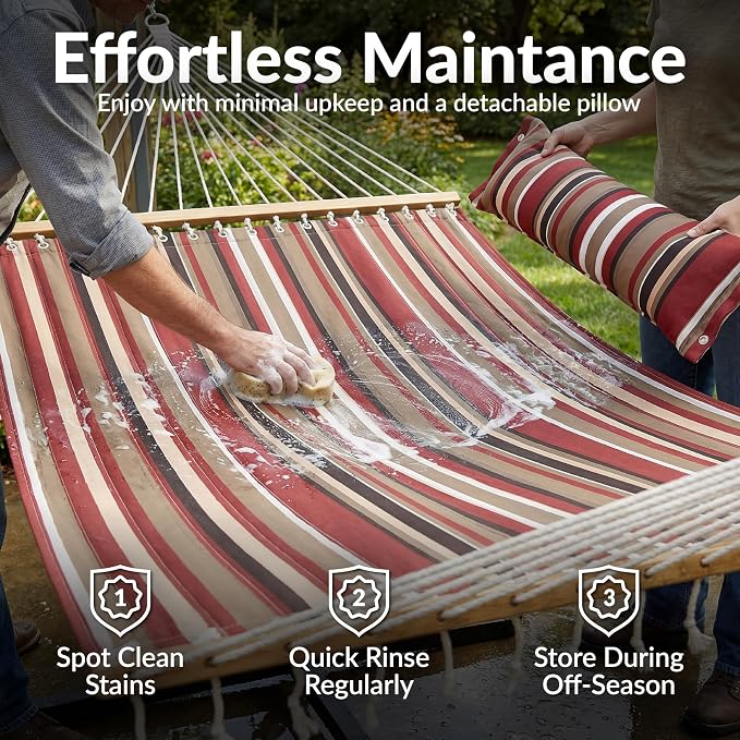 Sunnydaze Quilted Double Hammock for Outside with Spreader Bars and Pillow - 450 lb Capacity, 74x55 Inch Bed, UV Resistant, Quick Dry - Chains Included, Stand Sold Separately - Awning Stripe - Image 5