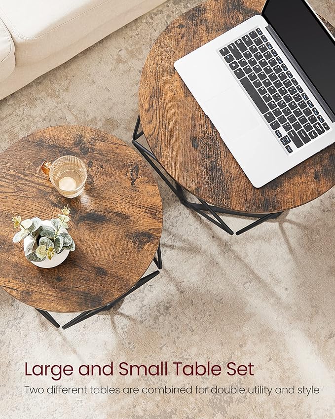 VASAGLE Small Coffee Table Set of 2, Round Coffee Table with Steel Frame, Side End Table for Living Room, Bedroom, Office, Rustic Brown and Ink Black | Living Room, Bedroom, Office