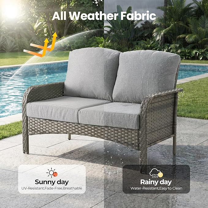 Weaxty 7 Pieces Patio Furniture Set,Wicker Outdoor Swivel Rocking Chairs,Rattan Loveseat Couch,Coffee Table,Patio Sofa Conversation Sets for Deck Backyard Porch Poolside, Dark Gray
