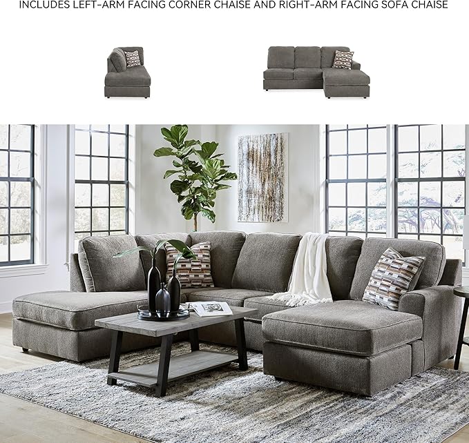 Signature Design by Ashley O'Phannon Casual Left-Arm Facing Herringbone Chenille 2-Piece Sectional with Chaise, Loose Seat Cushions and 2 Throw Pillows, Gray
