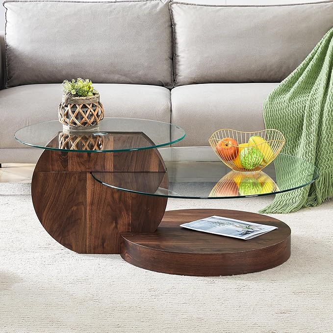 42" Glass Coffee Table, Round Coffee Table, 2-Tier Tempered Glass Tabletop with Walnut Base, Modern Center Table for Living Room, Home, Apartment, Ideal for Small Space