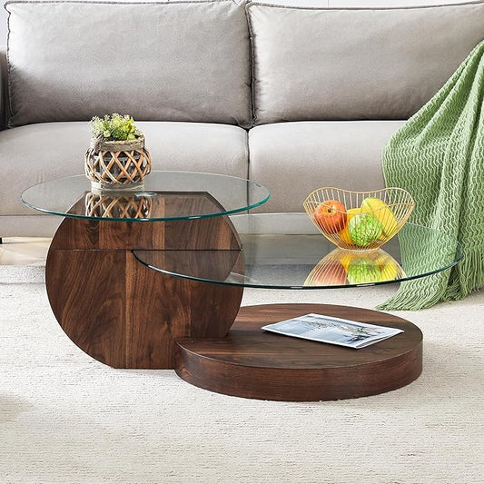 Modern Glass Coffee Table,Small Round Coffee Tables, 42" 3-Tier Circle Wood Coffee Table for Living Room Rustic Circle Center Cocktail Table with Tempered Glass, Unique Accent Table for Small Spaces