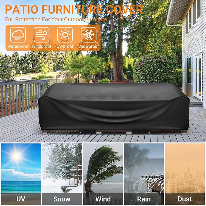 WLEAFJ Patio Furniture Covers Rectangle, Outdoor Table Covers Waterproof, Heavy Duty Outdoor Furniture Cover, Patio Sectional Set Cover 128"L x 84"W x 28"H, Black - Image 5