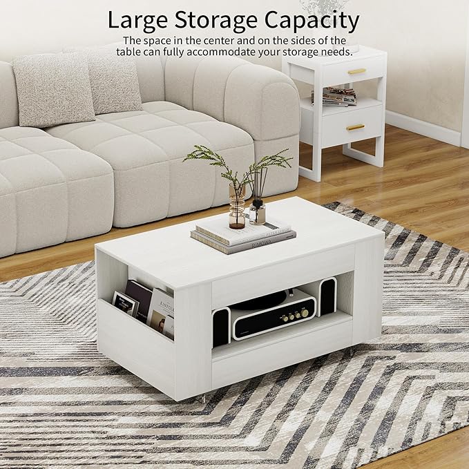 35" Wood Coffee Table for Living Room, Sides Storage with Transparent Legs, Minimalist Modern 2-Tier Storage Shelf Center Table for Home Office, Apartment, White