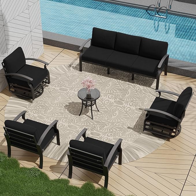 Patio Furniture Set 6-Piece Aluminum Armrest Sofa, All-Weather Patio Conversation Set with Tempered Glass Top Table & Removable Sponge Cushions for Backyard Poolside