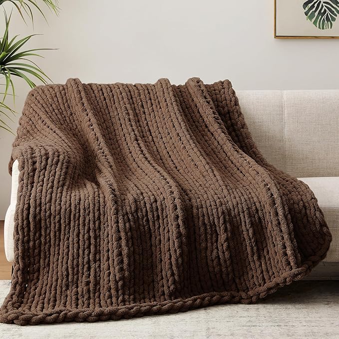 Negwoo Chunky Knit Throw Blanket, 50''*60'' Knitted Throw Chenille Yarn for Bed Couch, Handmade Dark Brown Crochet Big Thick Blanket, Machine Washable Cute Comfy Blanket for Home Decor