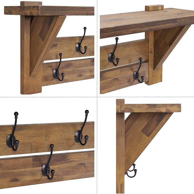 Alaterre Furniture Bethel Wall-Mounted Coat Rack with Shelf – Rustic Farmhouse 40-Inch Solid Wood Entryway Organizer with 5 Black Metal Double Hooks & Upper Storage Shelf (Natural Aged Brown) - Image 12