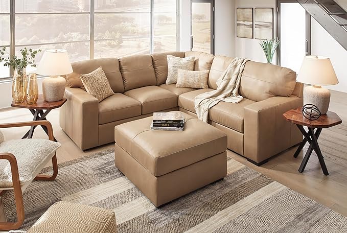 Signature Design by Ashley Bandon Contemporary Leather Match Upholstered Oversized Accent Ottoman, Light Brown