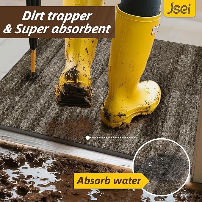 JSEI Dirt Trapper Door Mat 20"x32", Non-Slip Doormats Washable Entryway Mat, Welcome Floor Mat Absorbent Low Profile Dog Door Mats for Front Back Door, Wet Shoes & Paws, Brown - Image 6