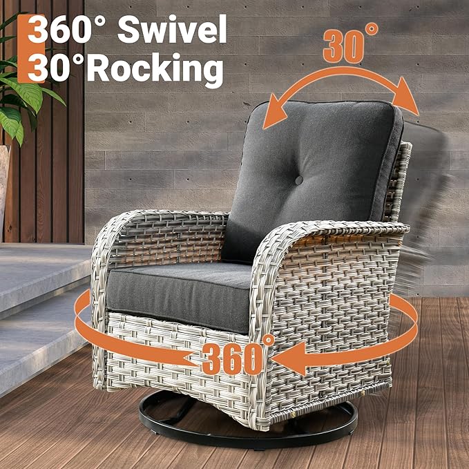 ovios 8 Piece Patio Sectional Furniture with Swivel Rocking Chairs, Rattan Wicker Coversation Set with Glowing Coffee Table, Outdoor Sofa Set for Outside Porch Balcony Backyard Pool, Black