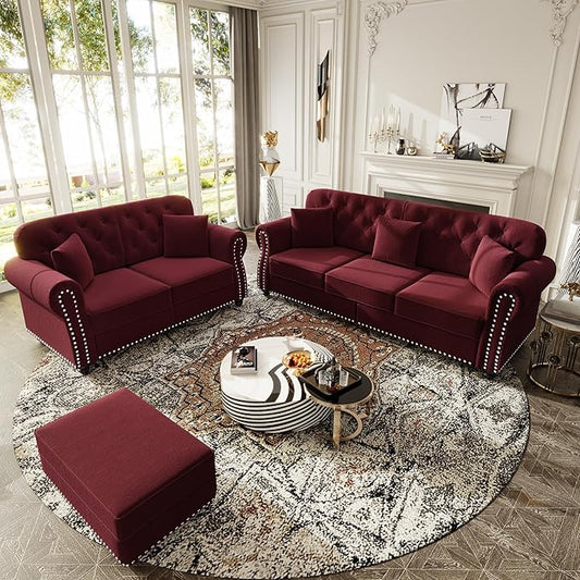 KEIKI 2-Piece Chesterfield Sofa Set with 1 Velvet 3-Seater Sofa & 1 Loveseat Sofa, Upholstered 5-Seater Couch Set with Nailhead Trim & Rolled Arms & 1 Ottoman & 5 Pillow, for Living Room, Burgundy