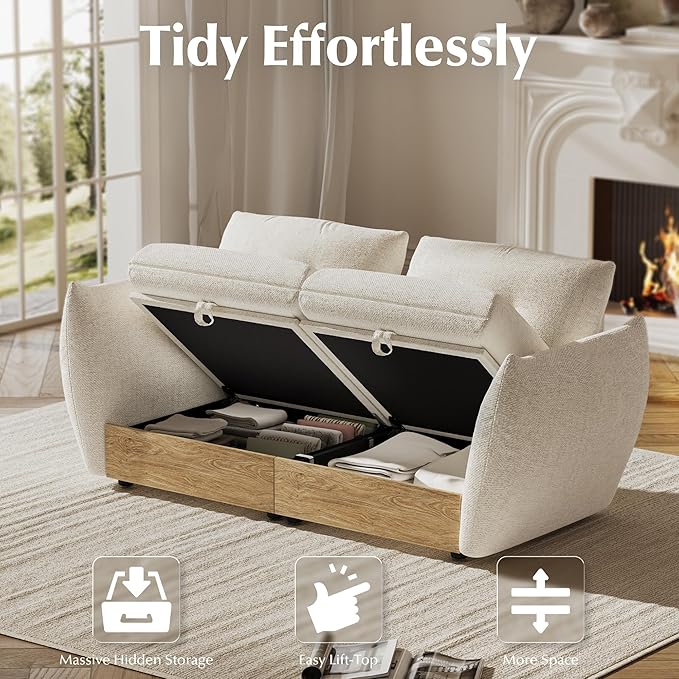 70" Loveseat Sofa with Storage, Cotton and Linen Fabrics Modern Oversized Modular Sectional Cloud Couch with Armrest Pillow, Easy Assembly for Small Spaces, Ivory