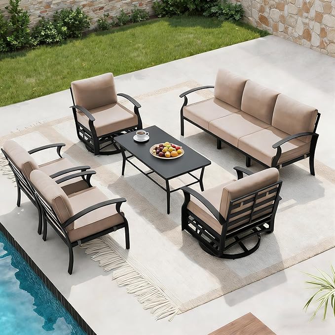 Aluminum Outdoor Patio Furniture Set,7 Seats Patio Conversation Sets with Rectangular Coffee Table,Metal Patio Sectional Furniture Set with 2 Swivel Rocking Chairs,Sand