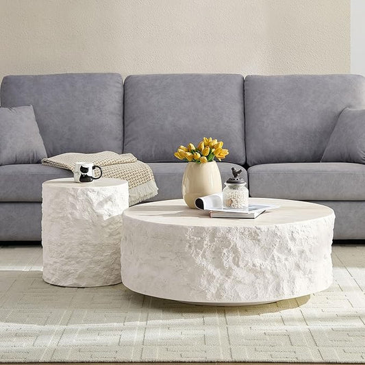 Round Coffee Table Set of 2 for Living Room Modern Drum Center Table Circle Side Tables for Apartment, No Need Assembly (Fiberglass 35.43'' &15.75'' Cement Stone Pattern)