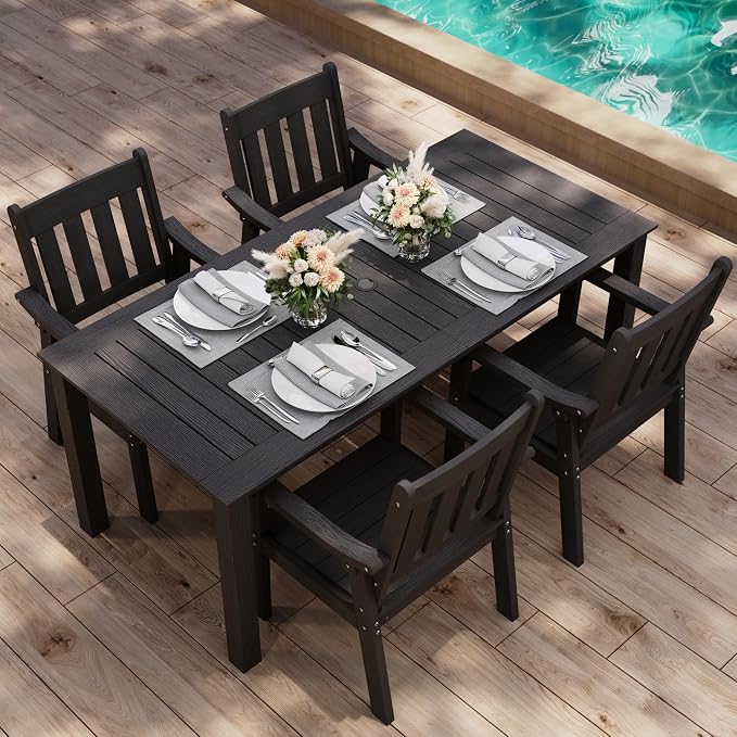 YEFU HIPS Patio Table Set: 5 Piece Outdoor Table and Chairs Dining Furniture Set with Umbrella Hole - Black Modern Plastic Dining Sets 4 Person for Outside Deck with Metal Aluminum Frame - Image 9