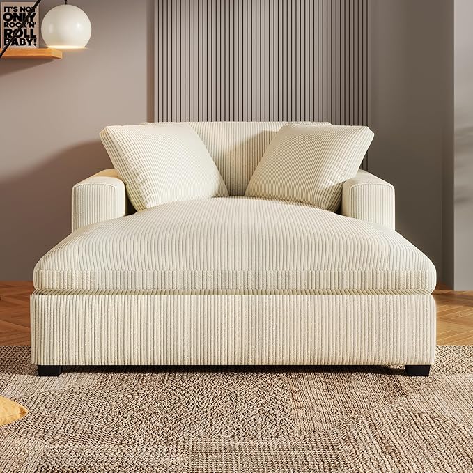 Christopher Knight Home Larrz Oversized Chaise Lounge Chair Indoor, Corduroy Upholstered Sleeper Sofa Couch, Durable Wood Frame, Deep Seat Reading Chair with 2 Throw Pillows and Armrests, Beige