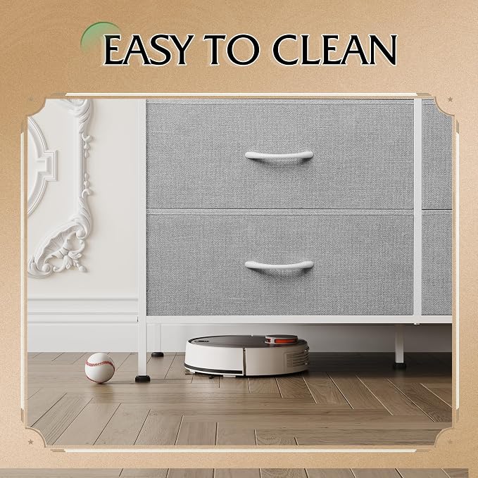 WLIVE Dresser for Bedroom with 6 Drawers, Wide Dresser TV Stand for 50 Inches TV with Metal Frame, Wooden Top, Chest of Drawers, Fabric Dresser for Living Room, Hallway, Light Grey - Image 9