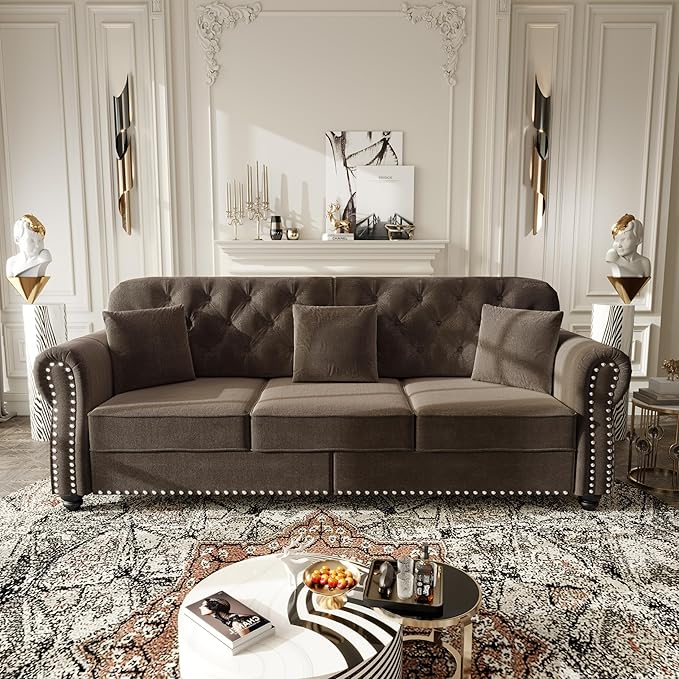 KEIKI 83" Velvet Chesterfield Sofa with Rolled Arms & Nailhead Trim & 2 Ottoman, Modern 3-Seater Button Tufted Couch with High Resilience Cushion & 3 Pillow, Easy Assembly, for Living Room, Brown