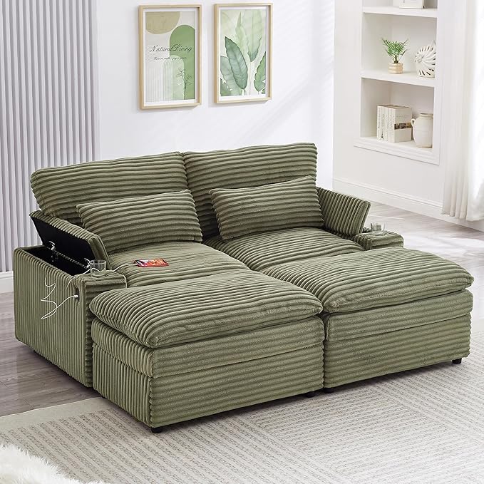 Modular Sectional Sofa Convertible Loveseat Couch,2-Seater Deep Seat Loveseat Sofas Fluffy Corduroy Cloud Couches with Movable Ottoman, Storage Armrest,USB Ports, Cup Holders