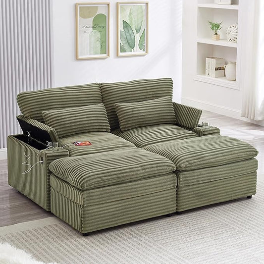 Modular Sectional Sofa Convertible Loveseat Couch,2-Seater Deep Seat Loveseat Sofas Fluffy Corduroy Cloud Couches with Movable Ottoman, Storage Armrest,USB Ports, Cup Holders