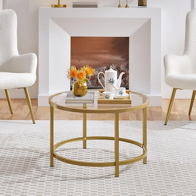 Yaheetech Gold Glass Coffee Table for Living Room, 27.6" Round Glass Coffee Table with Metal Frame, Circle Coffee Table for Home, Office, Apartment