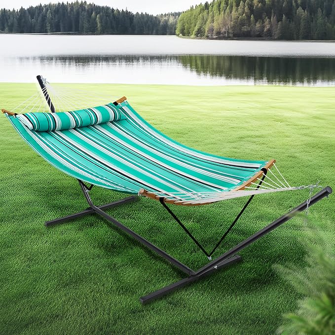 SUPERJARE Hammock with Stand, 2 Person Heavy Duty Hammock with Padded Cotton, Detachable Pillow & Strong Curved-Bar & Portable Carrying Bag, Perfect for Outdoor & Indoor, Mint Green with Stripes - Image 3