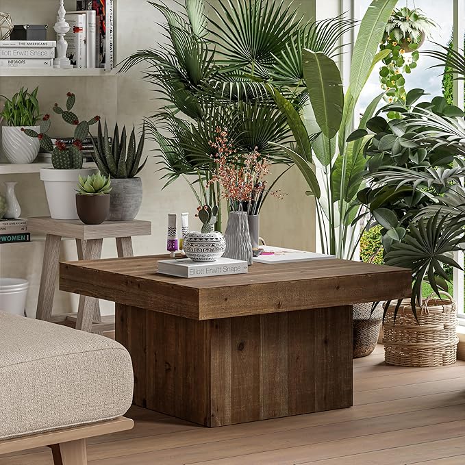 COZAYH Modern Farmhouse Wood Block Coffee Table, Rustic Square Table Chunk Table with Cubic Base for Family, Living Room, Lounge, Nature Wood Finish, Sturdy, Distressed, Rectangle