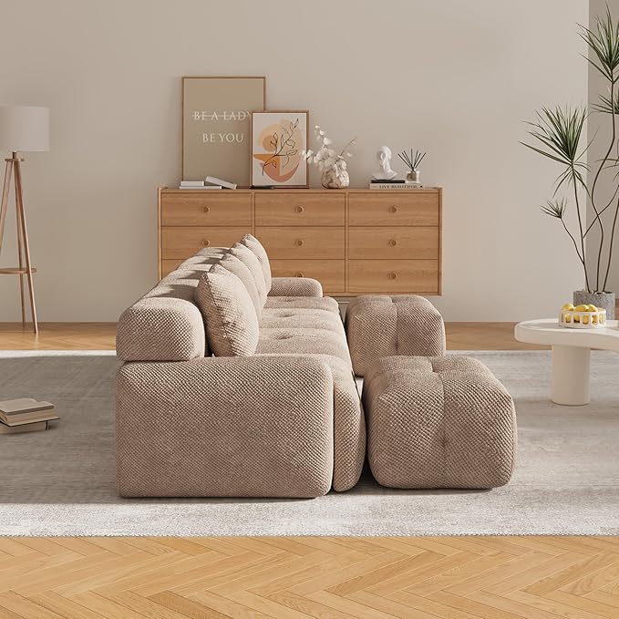 135" U-Shaped Compressed Sectional Cloud Sofa, Flannel Upholstered Modular Tufted Sofa with 6 Pieces, Symmetrical Boneless Foam Modular Cloud Couches for Living Room
