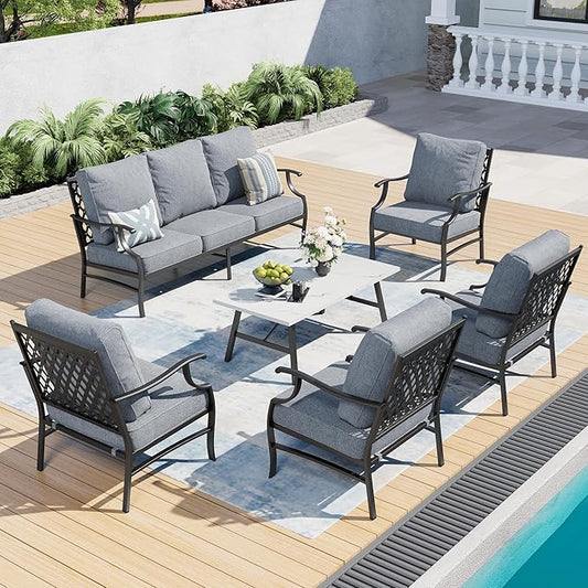 6 Piece Metal Outdoor Patio Furniture Set, Patio Conversation Sets 1 3-Seater Sofa, 4 Fixed Chairs with 5.75" Thick Cushion and Coffee Table, Backyard Furniture Set for Deck, Gray