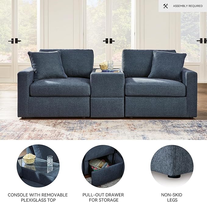 Signature Design by Ashley Modmax Contemporary Modular Stain Resistant 3-Piece Sectional with Storage Console, Drawer and 2 Accent Pillows, Blue